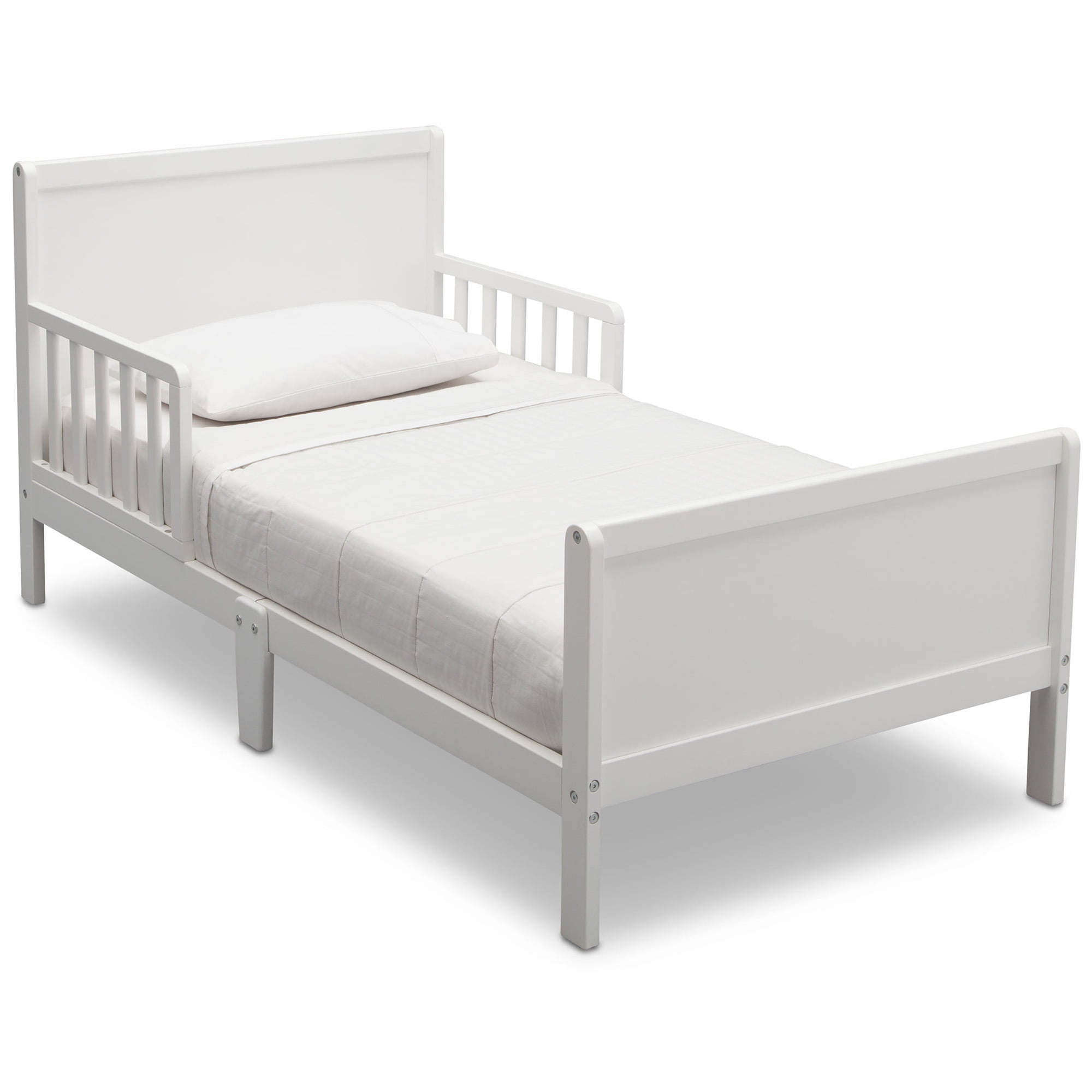 Delta Children Epic Wood Toddler Bed with Attached Guardrails. Bianca White