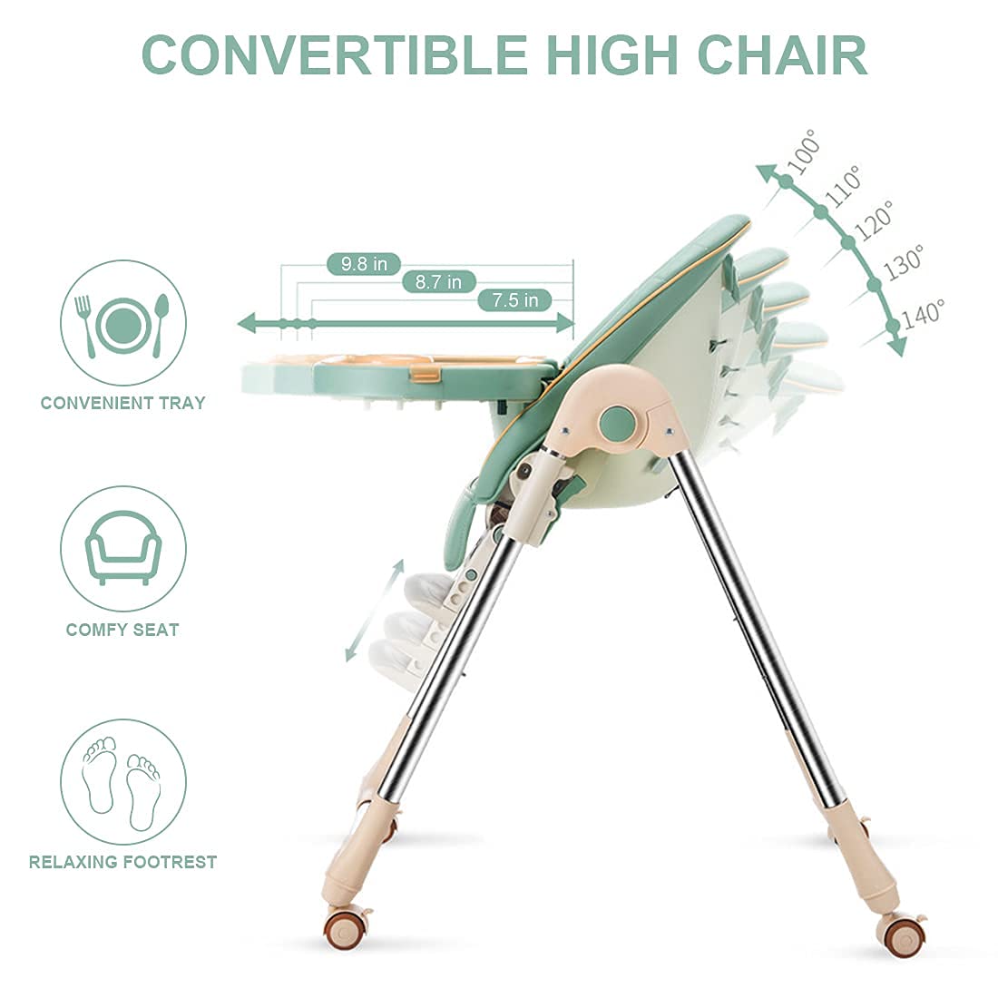 Foinwer 5-in-1 Baby Convertible Highchair Foldable Baby High Chair 4-Ways to Use Unisex Removable Tray (Green)