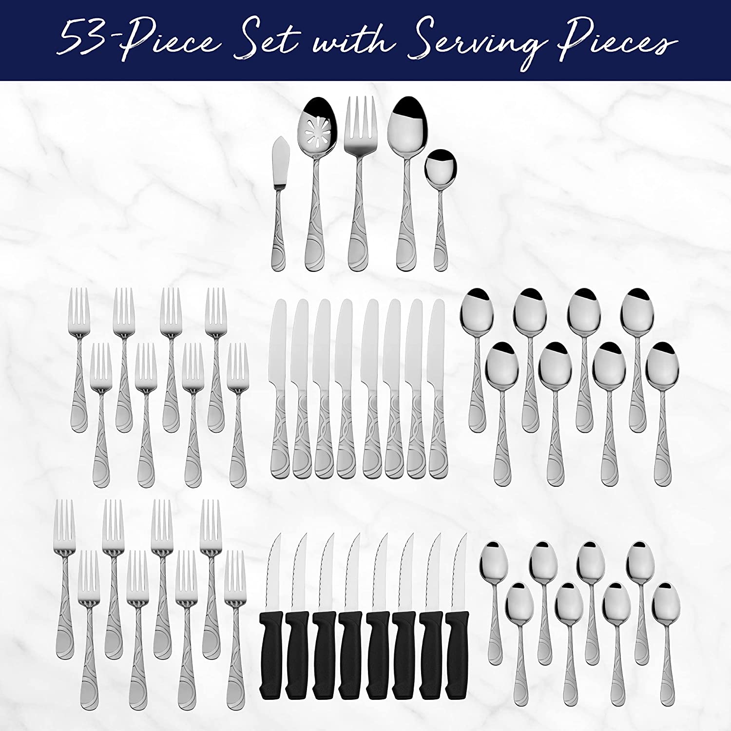 Pfaltzgraff Garland Frost 53-Piece Stainless Steel Flatware Serving Utensil Set and Steak Knives. Service for 8