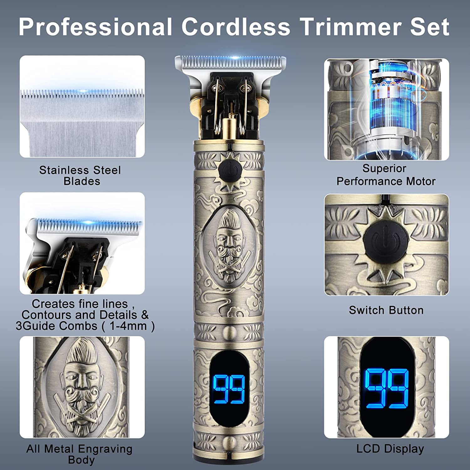 Hairspower Professional Cordless Hair Clippers for Men - T-Blade Trimmer and Nose Hair Trimmer Set