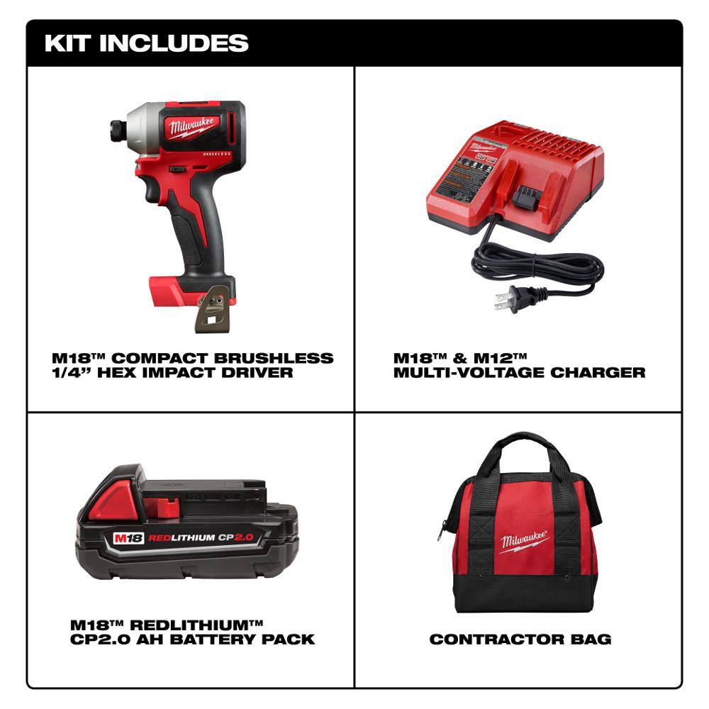 Milwaukee 2850-21P-48-32-4023 M18 18V Lithium-Ion Compact Brushless Cordless 1/4 in. Impact Driver Kit with SHOCKWAVEBit Set (45-Piece)