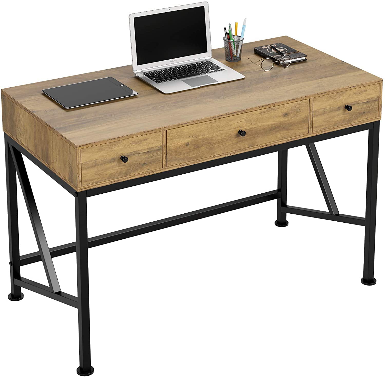 Homfa Writing Desk with Drawers. Wood Computer Desk. Table for Desktop. Laptop Study Table for Home Office. Rustic Brown