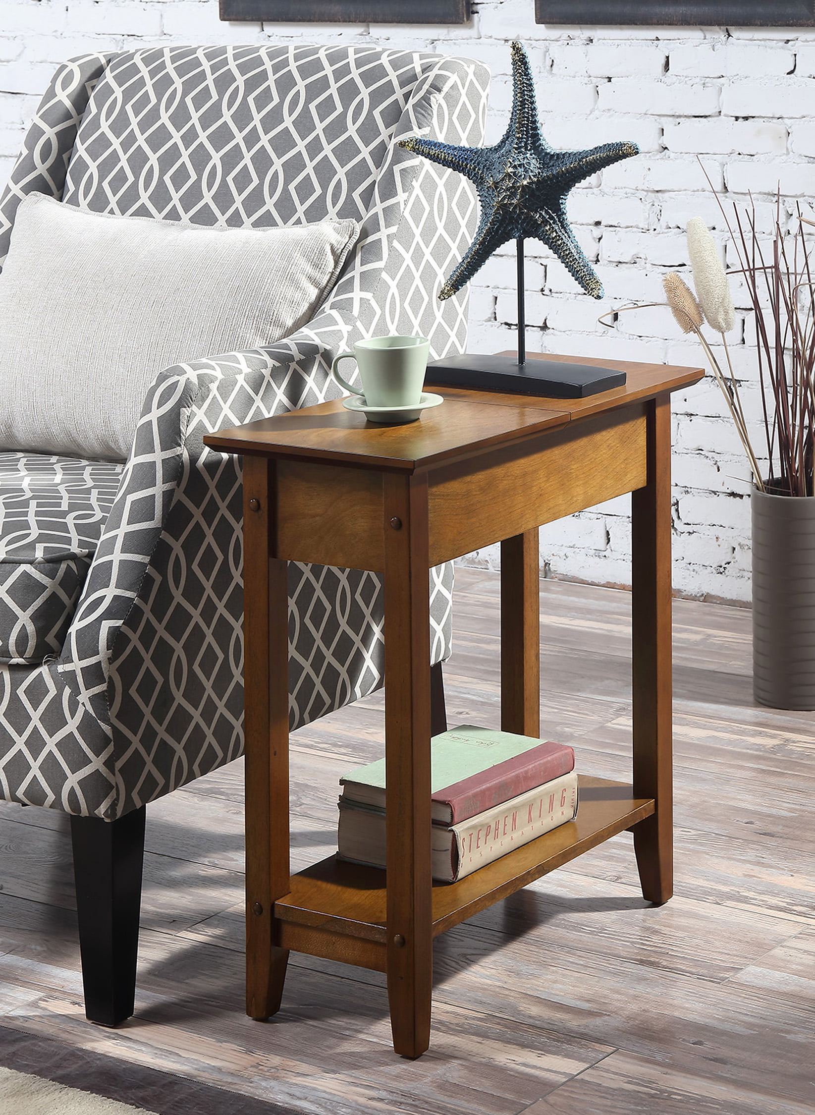 Convenience Concepts American Heritage Flip Top End Table with Shelf. Walnut