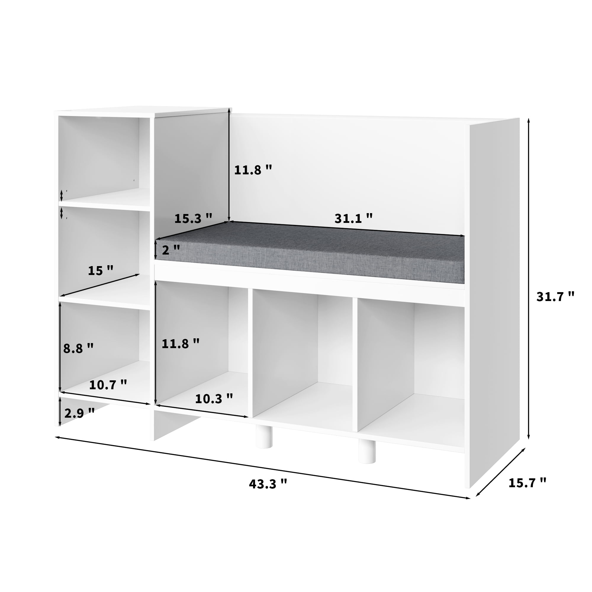 Homfa 6-Cubby Kids Bedroom Storage Organizer. Multi-Purpose Bookcase with Reading Nook. Storage Bench with Seat Cushion. White