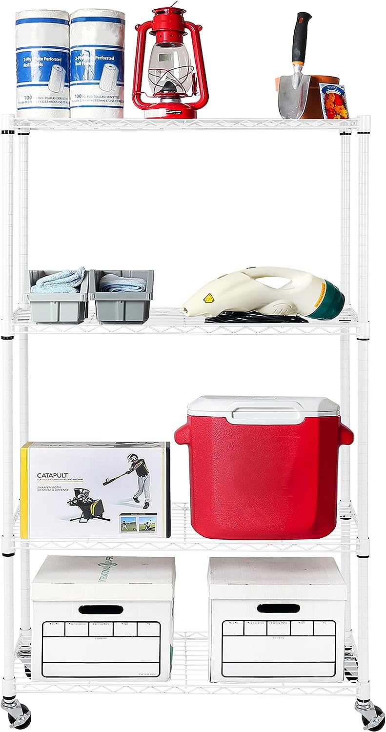 Seville Classics Solid Steel Wire Shelving Storage Unit Adjustable Shelves Organizer Rack. for Home. Kitchen. Office. Garage. Bedroom. Closet. White. 4-Tier. 36″ W x 14″ D