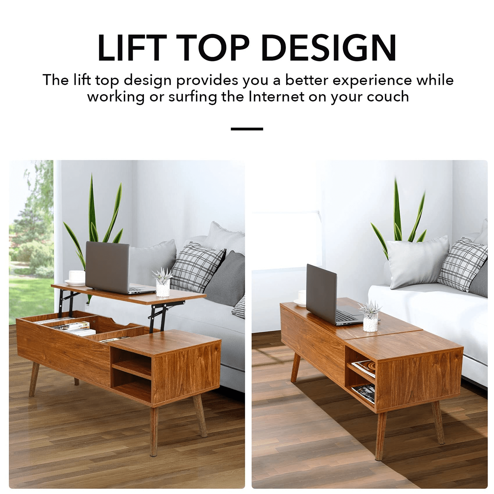 SMOOL Wooden Lift Top Coffee Table. Large Hidden Compartment Rectangular