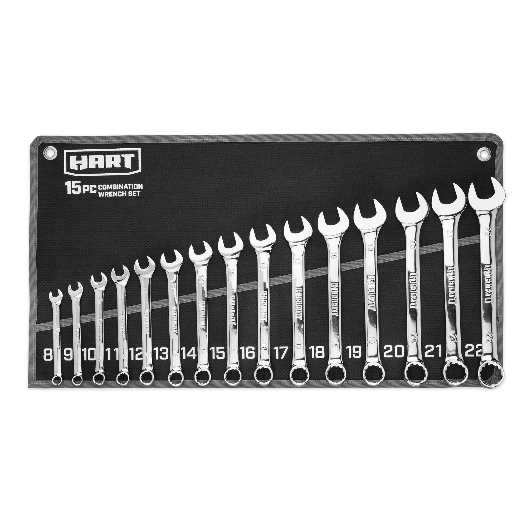 HART 15-Piece MM Combination Wrench Set with Tool Pouch. Chrome Finish. Sizes 8-22 mm