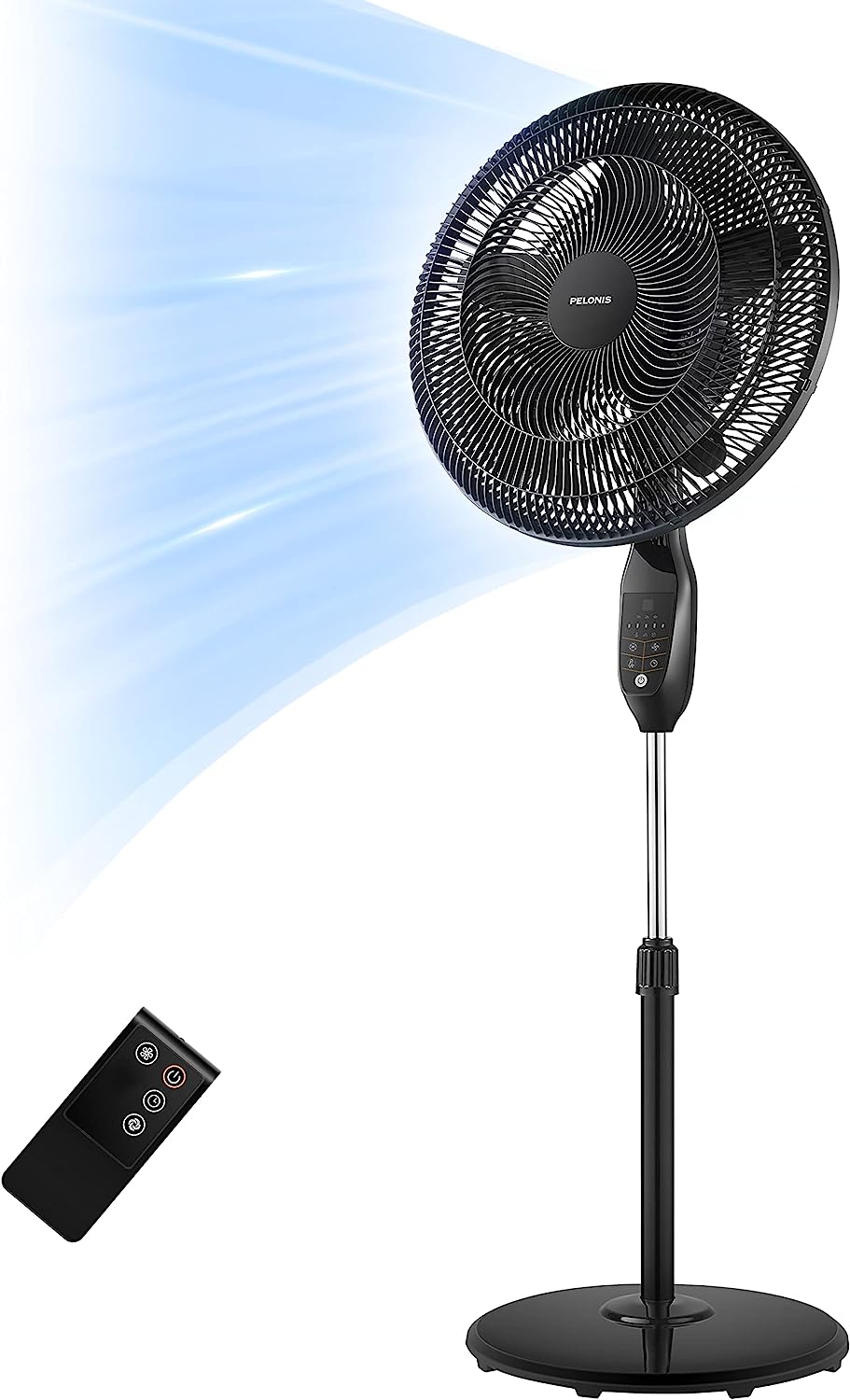 PELONIS PFS45A5BBB 18 inch 5-Blade Oscillating. Adjustable Standing Pedestal Remote. LED Display. 5 Speed Setting and 7-Hour Timer Fan. Black