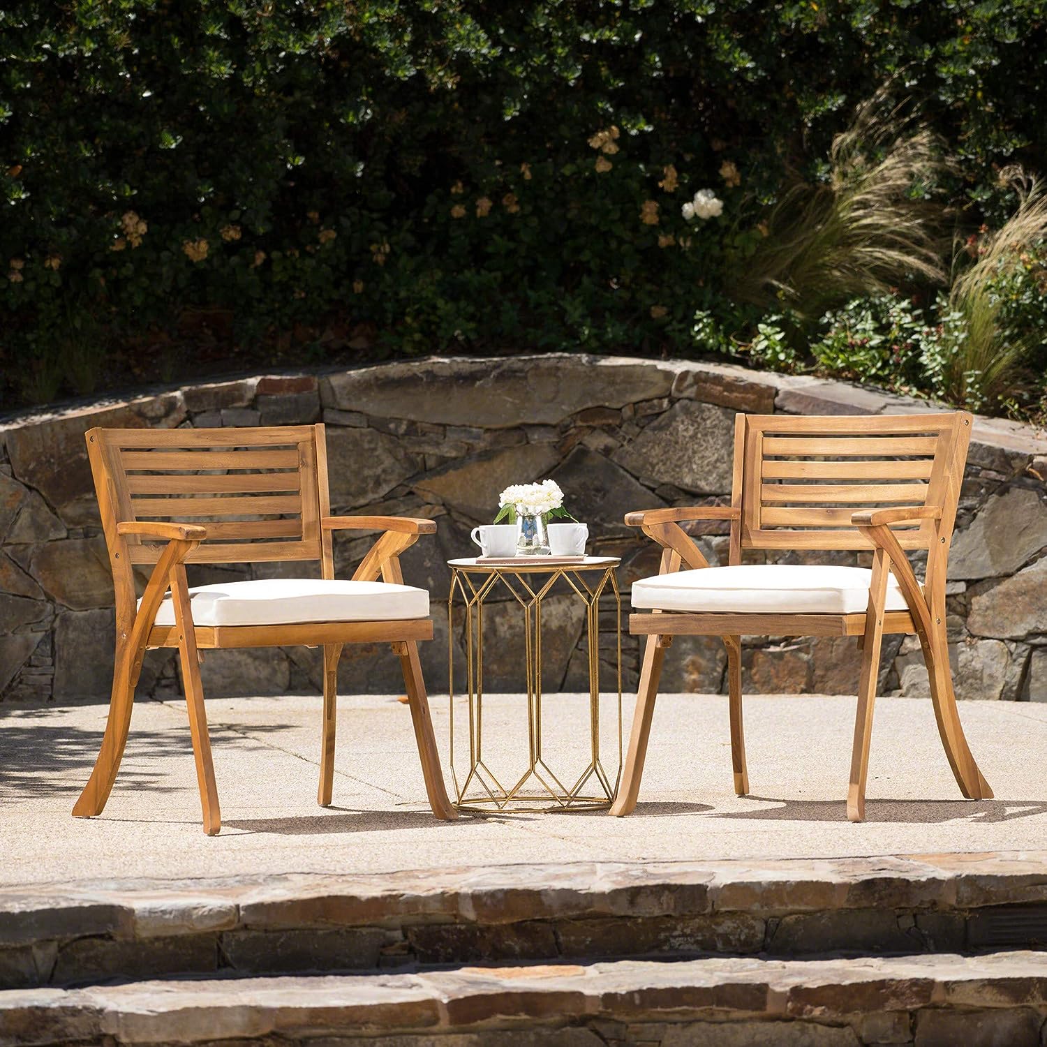 Christopher Knight Home Hermosa Outdoor Acacia Wood Arm Chairs. 2-Pcs Set. Teak Finish / Cream