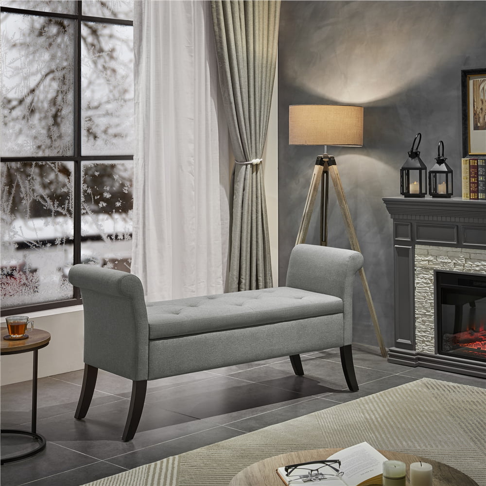 SmileMart Button Tufted Ottoman Storage Bench with Rolled Arms. Light Gray Fabric