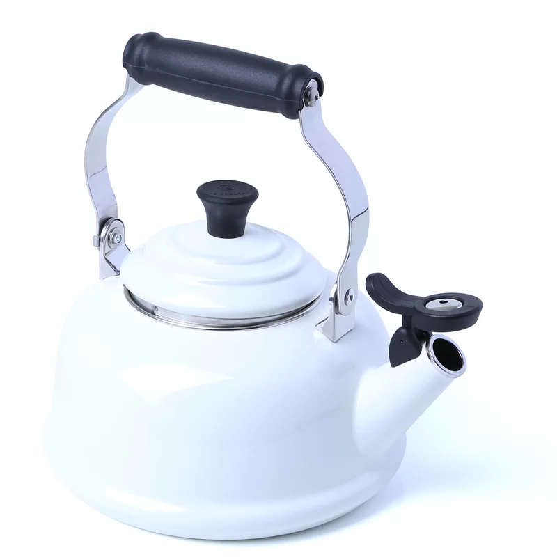 Le Creuset Q3101-16 Enamel On Steel Whistling Tea Kettle. 1.7 qt.. White