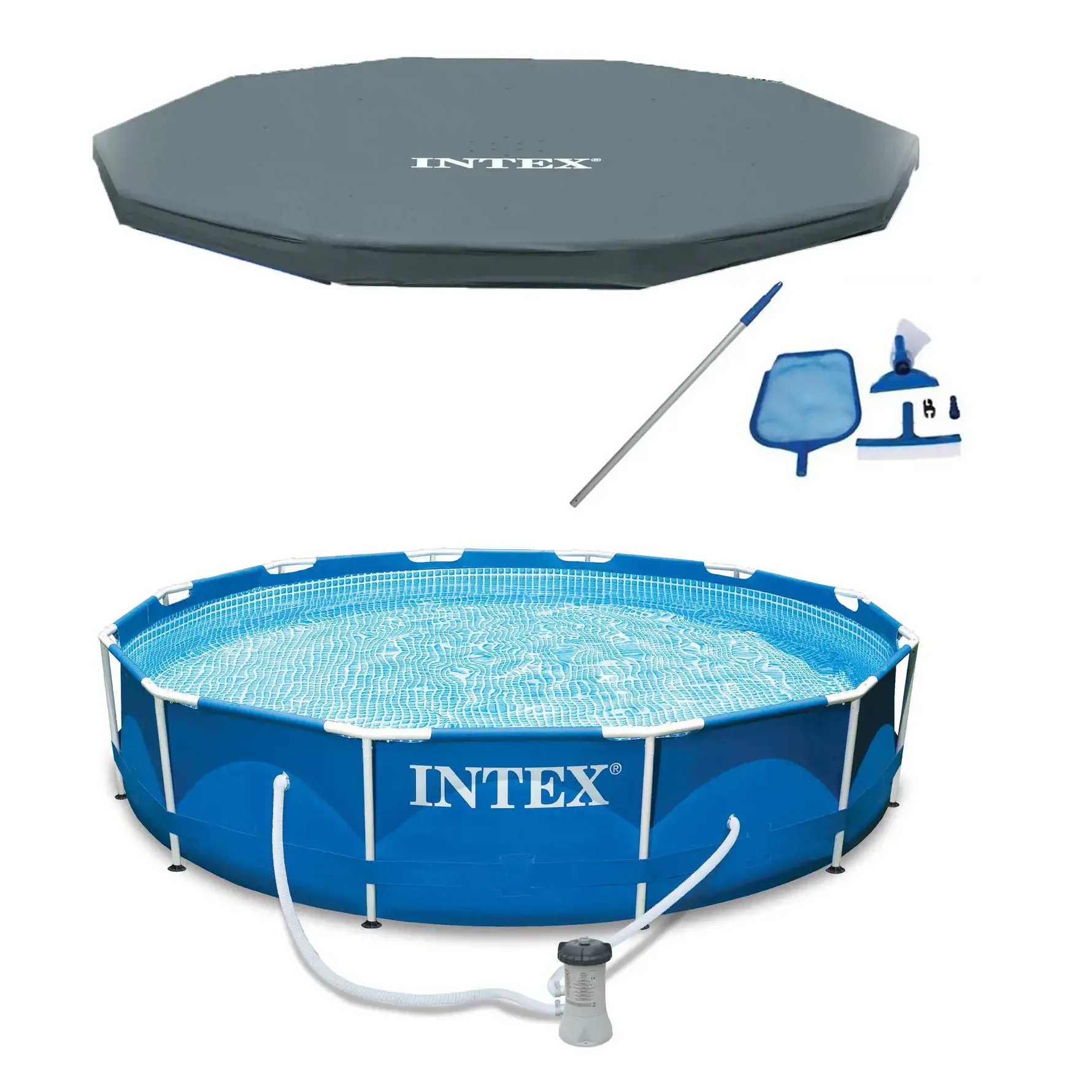 Intex 12′ x 30″ Round Metal Frame Above Ground Pool. Filter. Cover. & Maintenance Kit