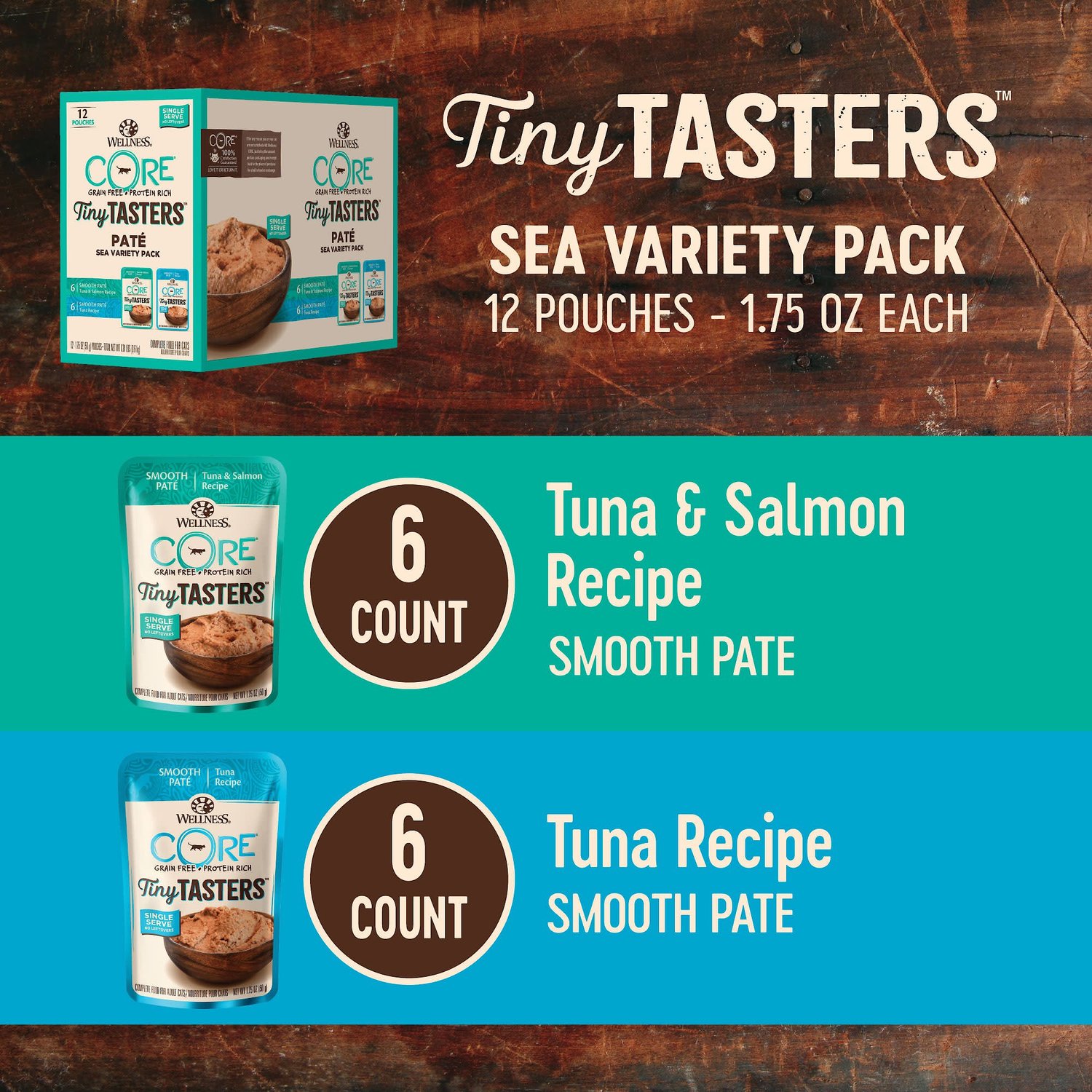 Wellness CORE Tiny Tasters Tuna & Salmon. Tuna Pate Sea Variety Pack Grain-Free Cat Food Pouches