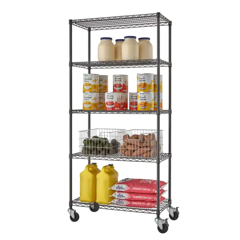 TRINITY PRO Black 5-Tier Rolling Steel Wire Garage Storage Shelving Unit (36 in. W x 77 in. H x 18 in. D)