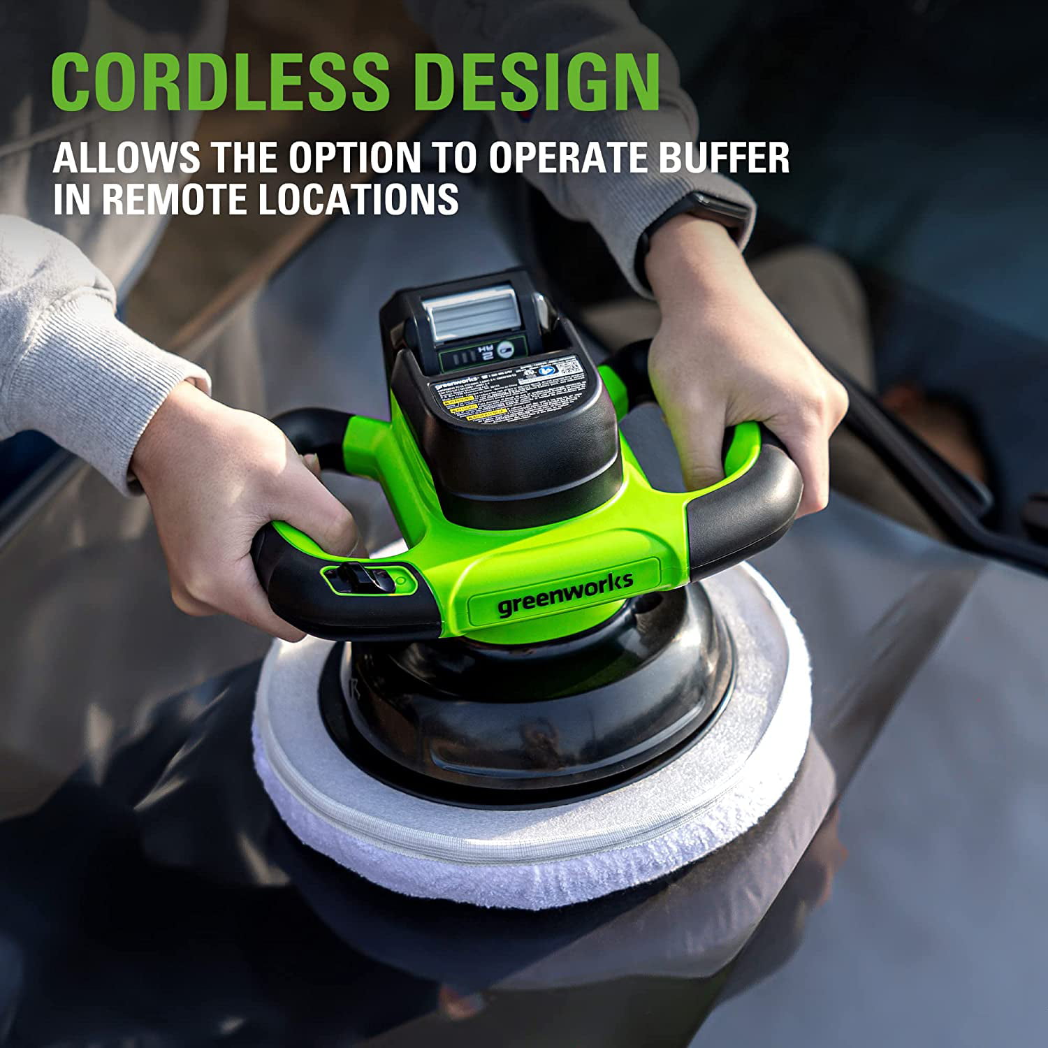 Greenworks 24V Cordless 10″ Pad 2800 RPM Car Buffer & Polisher. with 4 Buffing Bonnets. 2.0Ah Battery & Charger