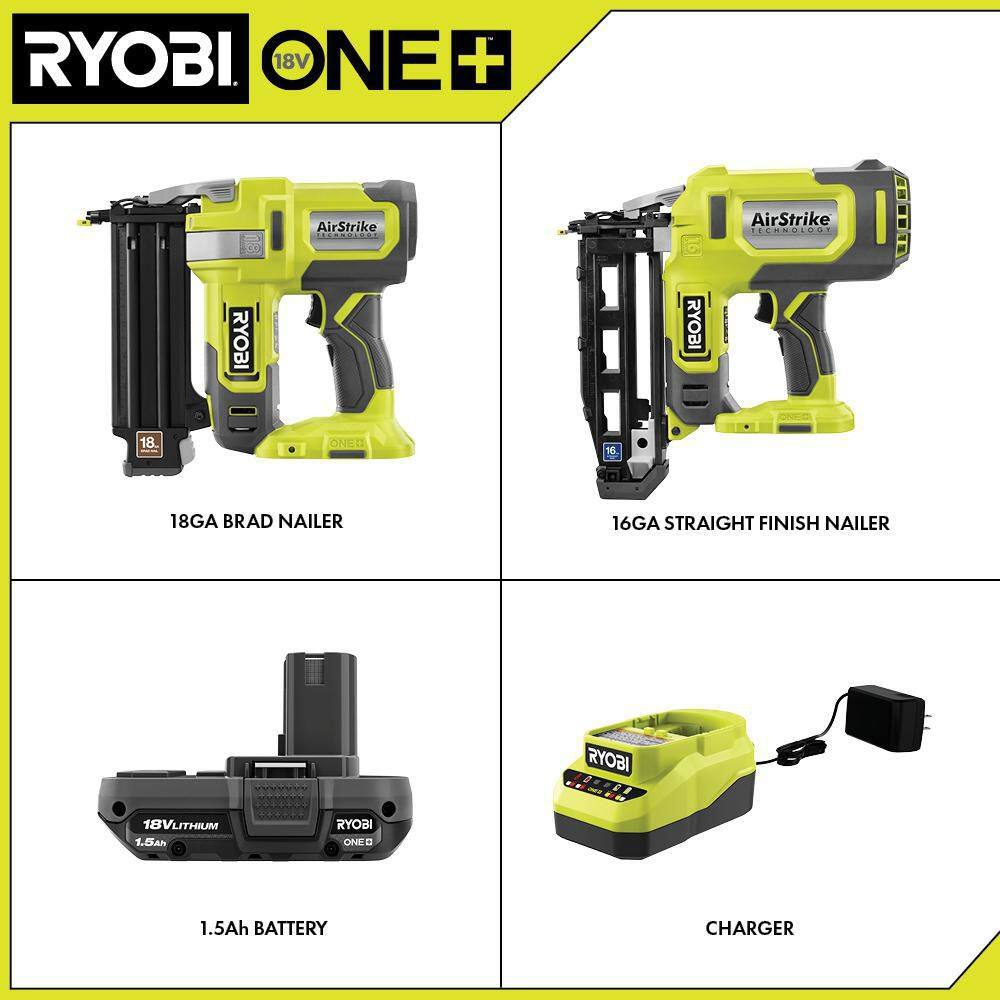 RYOBI PCL1202KN1 ONE+ 18V Cordless 18-Gauge AirStrike Brad Nailer Kit with 16-Gauge AirStrike Finish Nailer. 1.5 Ah Battery. and Charger