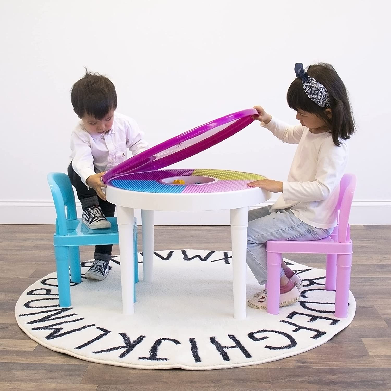 Humble Crew. White/Blue/Pink Kids 2-in-1 Plastic Building Blocks-Compatible Activity Table and 2 Chairs Set. Light Colors