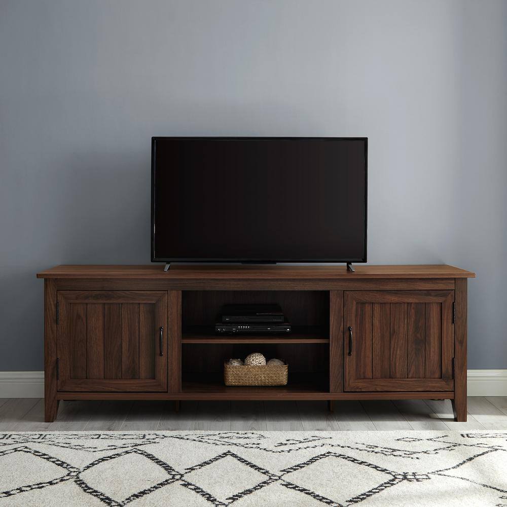 Walker Edison Furniture Company  70 in. Dark Walnut Composite TV Stand Fits TVs Up to 78 in. with Storage Doors
