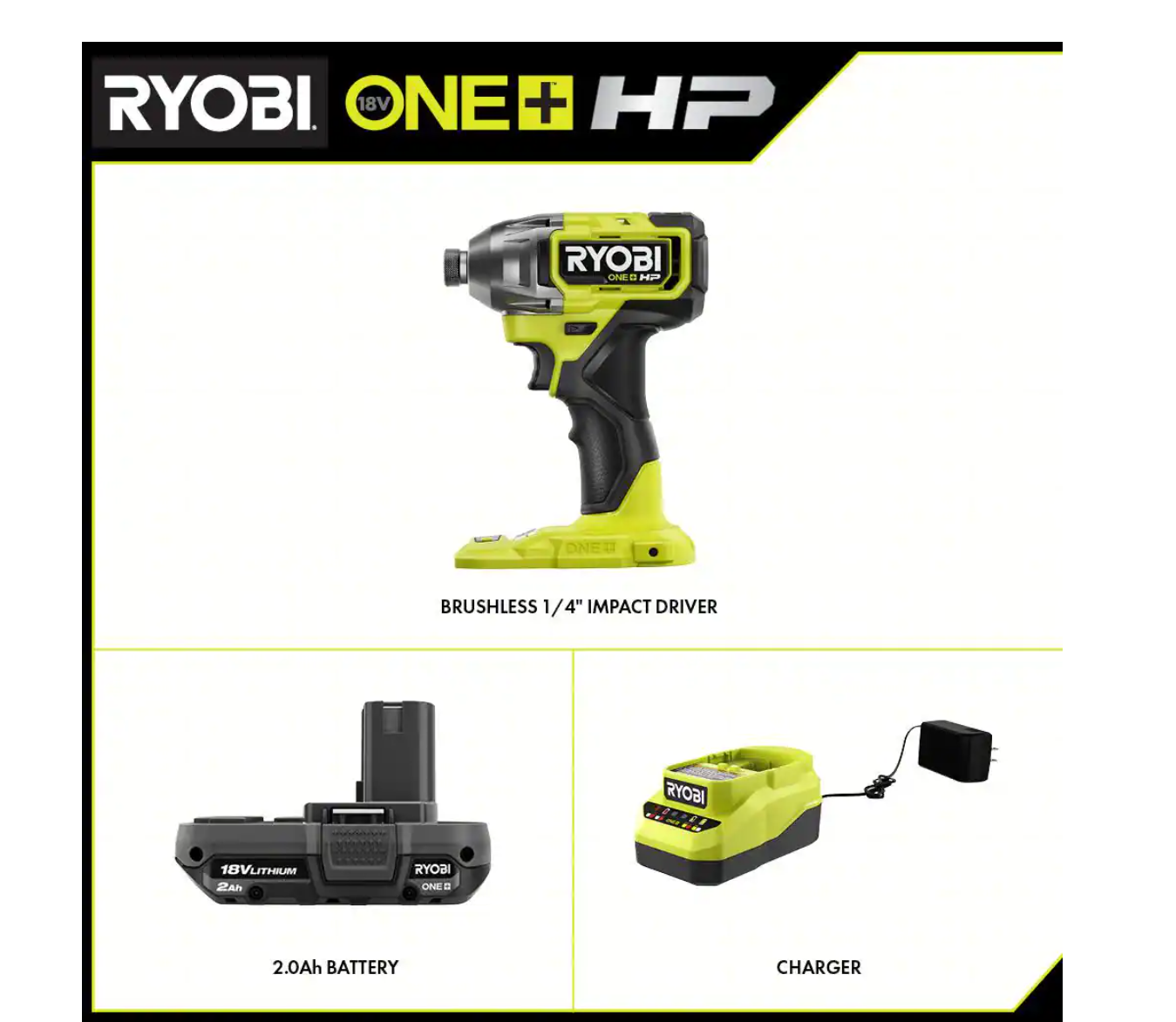 RYOBI PBLID01B-PSK005 ONE+ HP 18V Brushless Cordless 1/4 in. Impact Driver with 2.0 Ah Battery and Charger