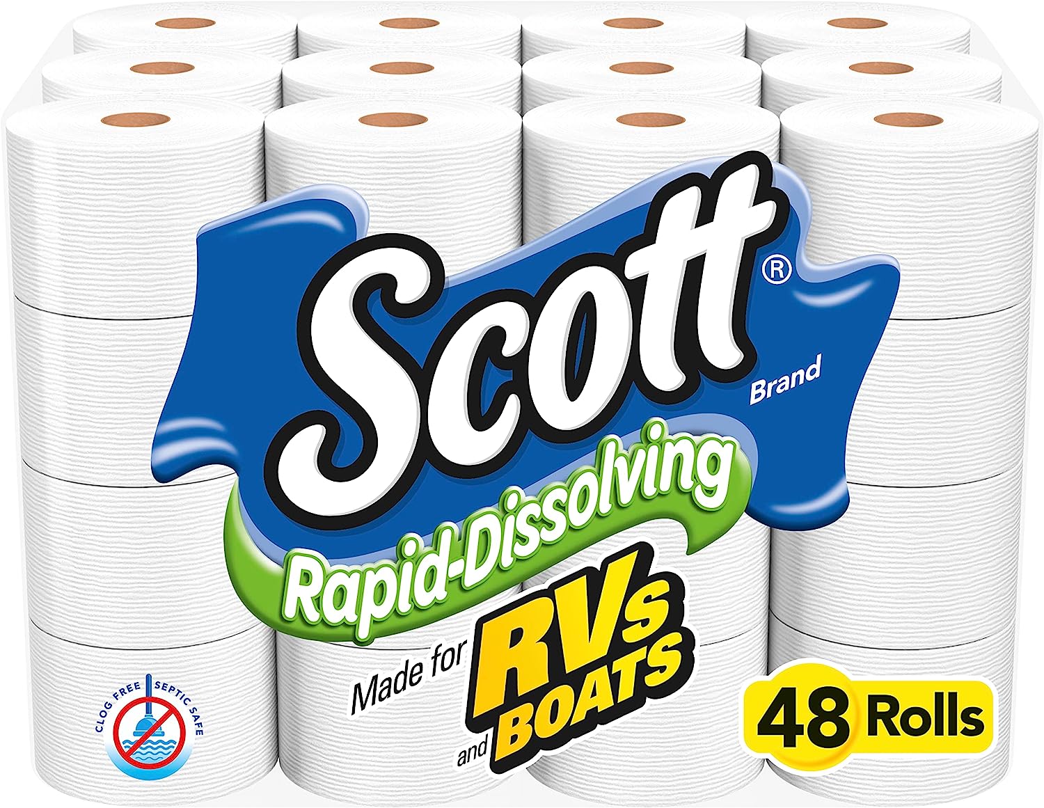 Scott Rapid-Dissolving Toilet Paper. 48 Double Rolls (6 Packs of 8) = 96 Regular Rolls. 231 Sheets Per Rolls