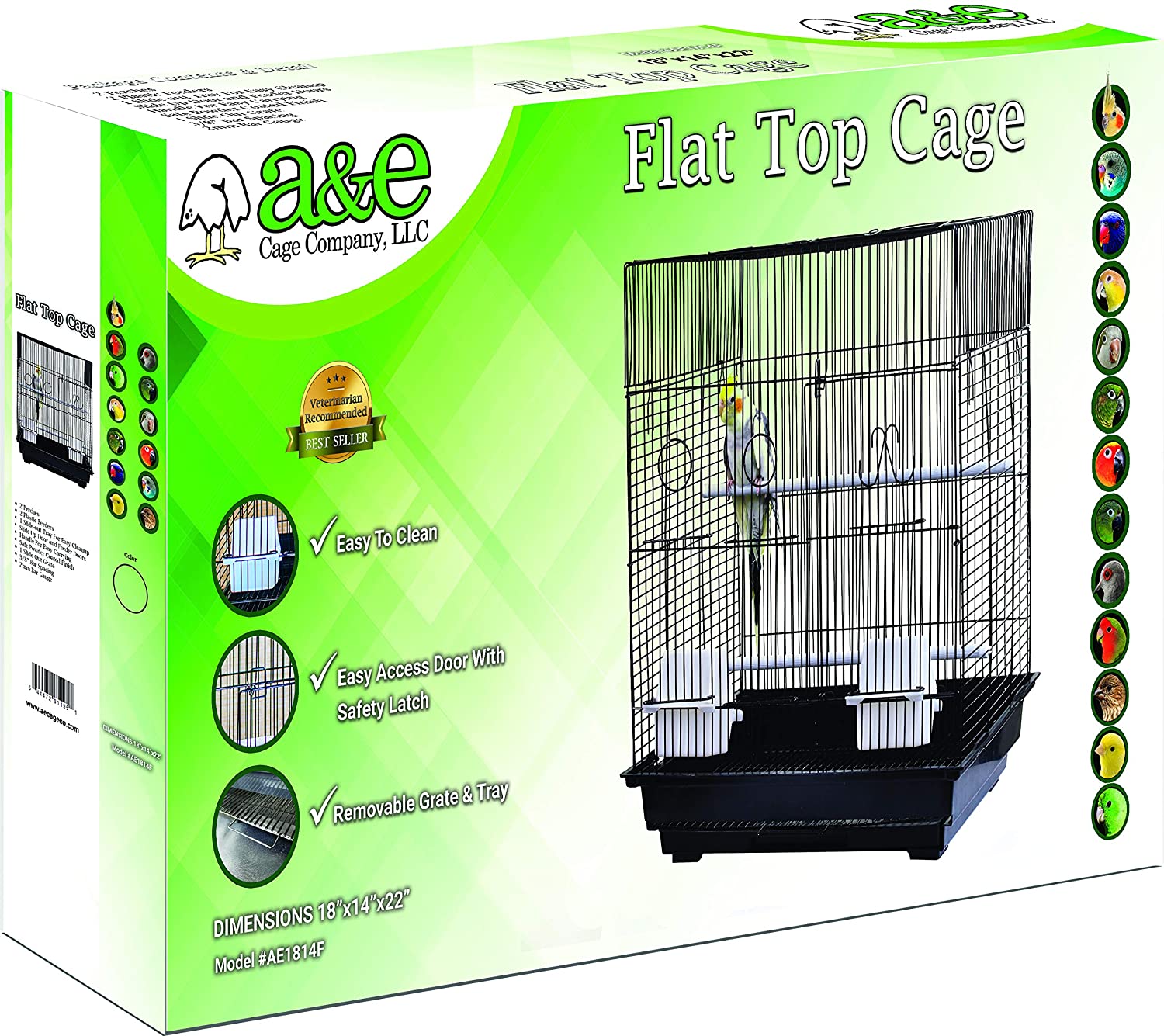 A&E Cage Co. Small Bird Flat Top Cage. 18″x14″. Black