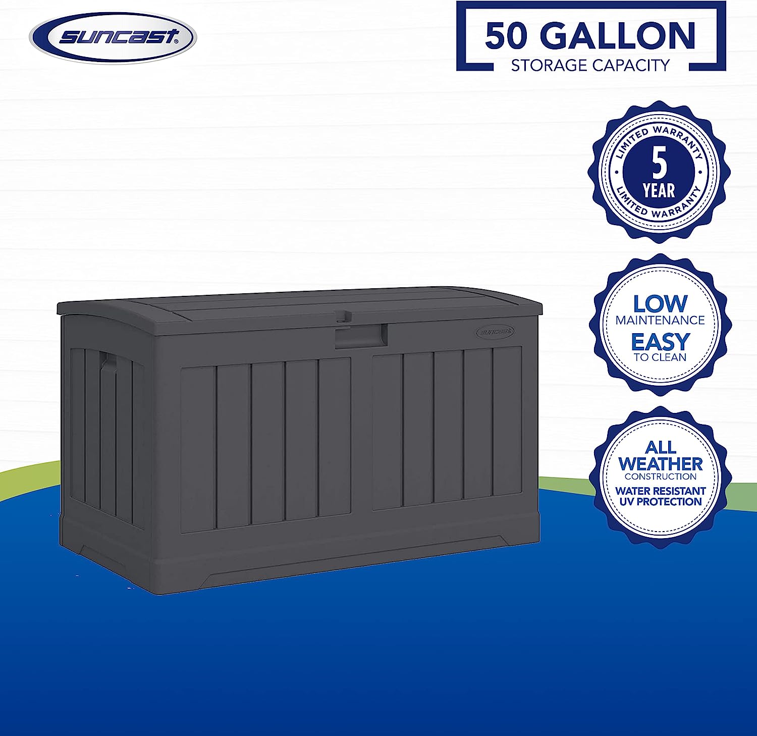 Suncast 50-Gallon Outdoor Resin Patio Deck Storage Box with Seat. Peppercorn