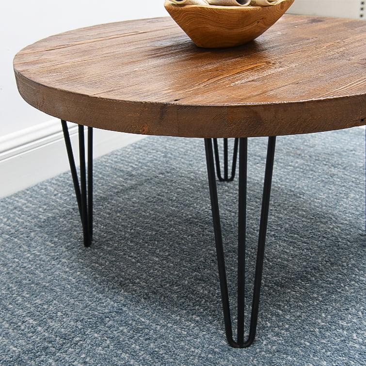 Greenage Old Pine Wood Round Coffee Table-27.6″x27.6″x15.5″H