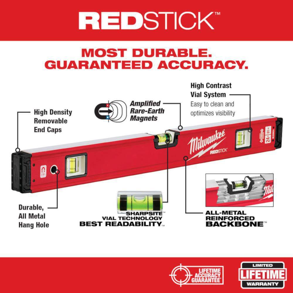 Milwaukee MLBXM48-48-22-5210 48 in. REDSTICK Magnetic Box Level with 10 in. 360 Locking Die Cast Torpedo Level (2-Piece)