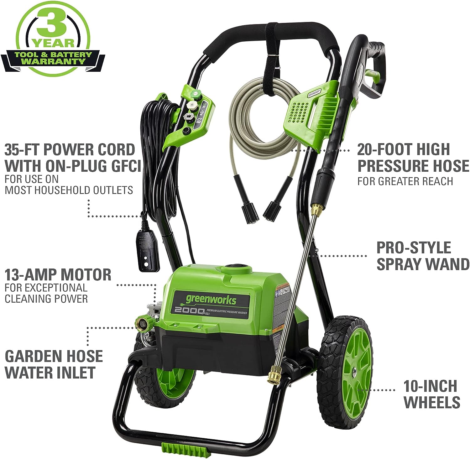 Greenworks 2000 Max PSI @ 1.1 GPM (13 Amp) Electric Pressure Washer (Black Frame) PWMA Certified. Green
