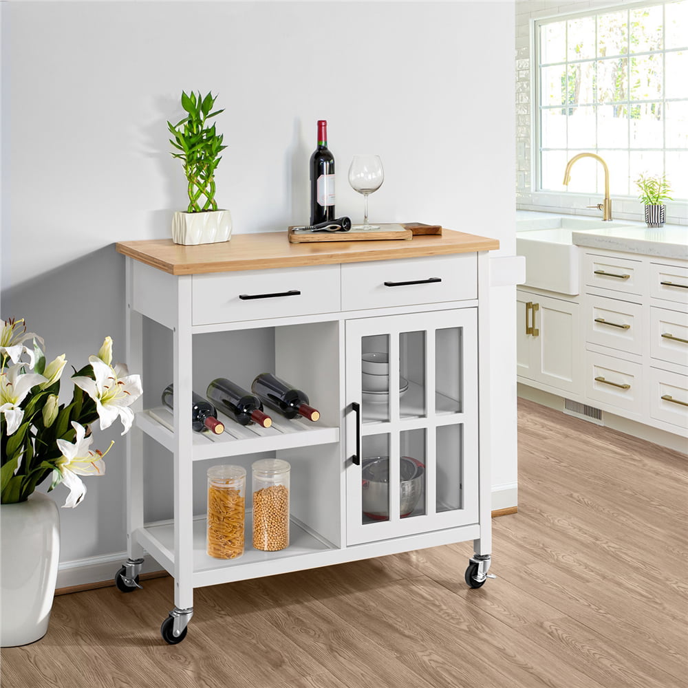 Yaheetech Mobile Kitchen Island Kitchen Cart with Bamboo Top and Storage & Tempered Glass Cabinet Door. White