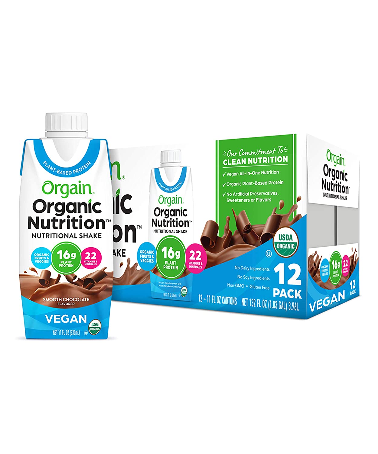 Orgain Organic Vegan Plant Based Nutritional Shake. Smooth Chocolate. Chocolate Vegan Nutrition Shake