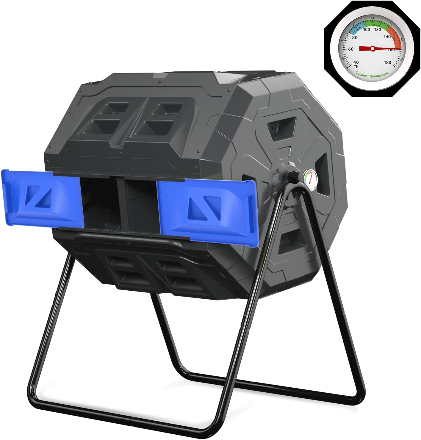 SQUEEZE master Large Compost Tumbler Bin - Outdoor Garden Rotating with Thermometer -Automatic Temperature Measurement-Sturdy Steel Frame - 43Gallon (2-21.5Gal)- Blue Door