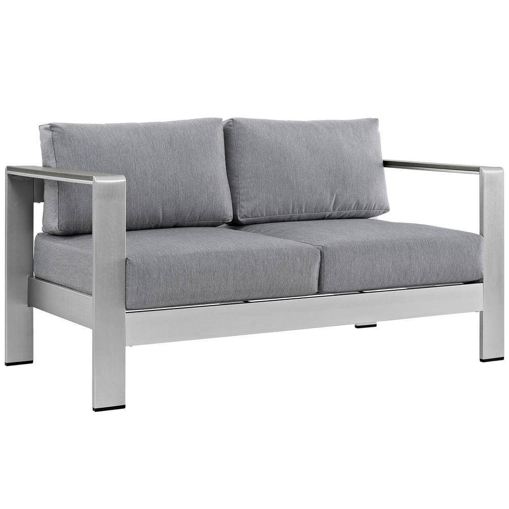 MODWAY  Shore Aluminum Patio Outdoor Loveseat in Silver with Gray Cushions