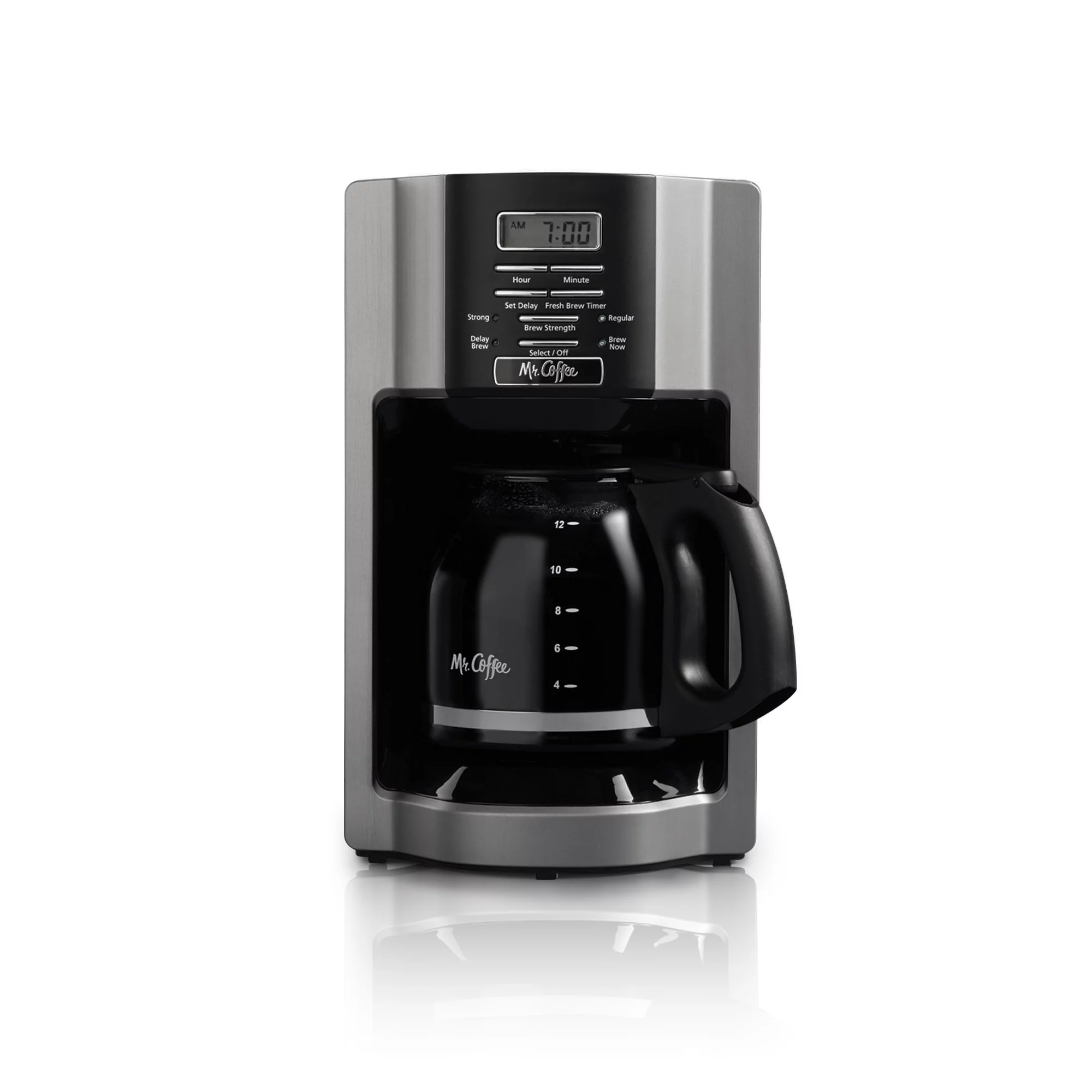 Mr. Coffee 12-Cup Programmable Coffeemaker. Rapid Brew. Brushed Metallic. Black
