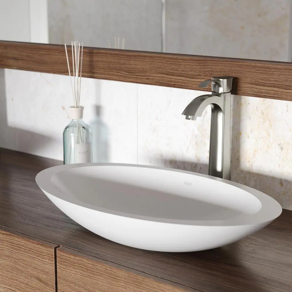 VIGO VG04011 Matte Stone Wisteria Composite Oval Vessel Bathroom Sink. White