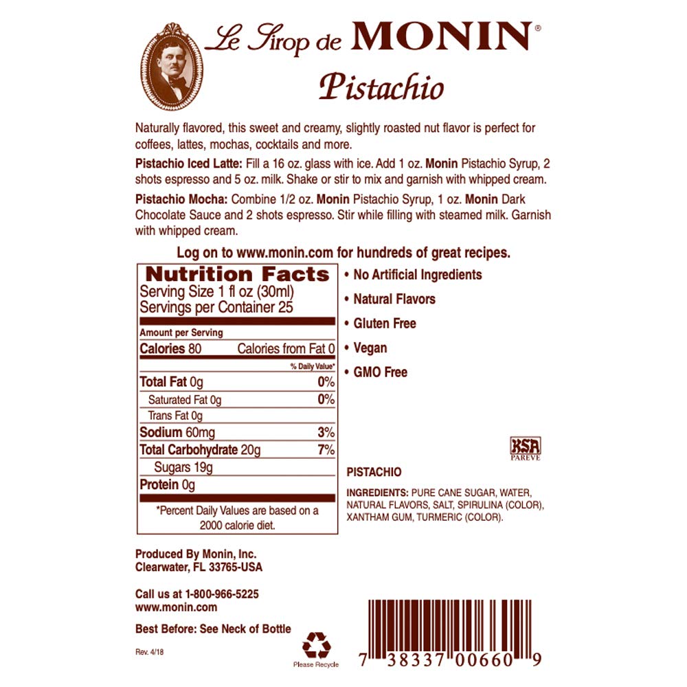 Monin - Pistachio Syrup. Rich and Roasted Pistachio Flavor. 750 ml