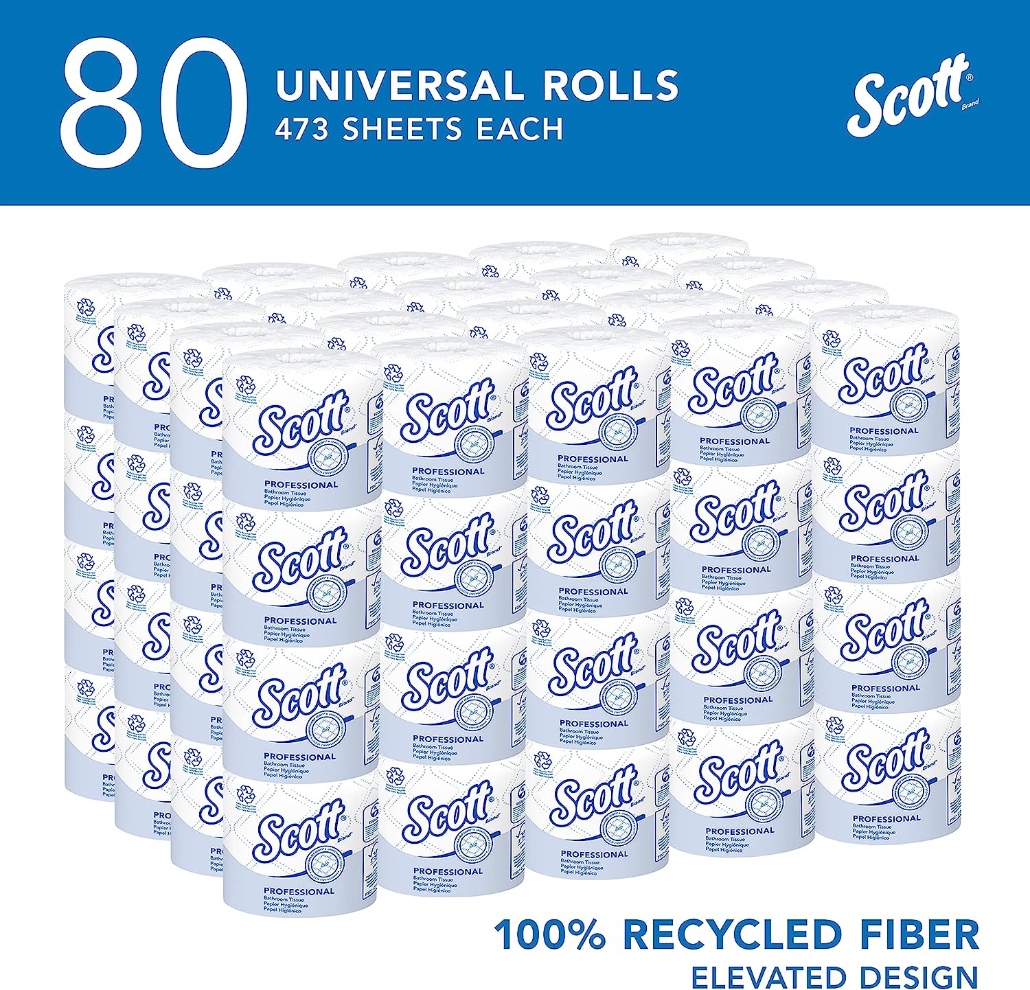 Scott® Professional 100% Recycled Fiber Standard Roll Toilet Paper (13217). with Elevated Design. 2-Ply. White. Individually wrapped rolls. 473 Count (Pack of 80). Total 37.840 Sheets