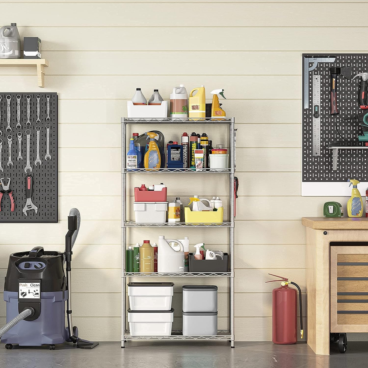 SONGMICS Kitchen Shelf. Metal Shelves. 5-Tier Wire Shelving Unit with 8 Hooks. Narrow Storage Rack with PP Shelf Liners. Height-Adjustable. for Bathroom. Pantry. Silver ULGR065E01