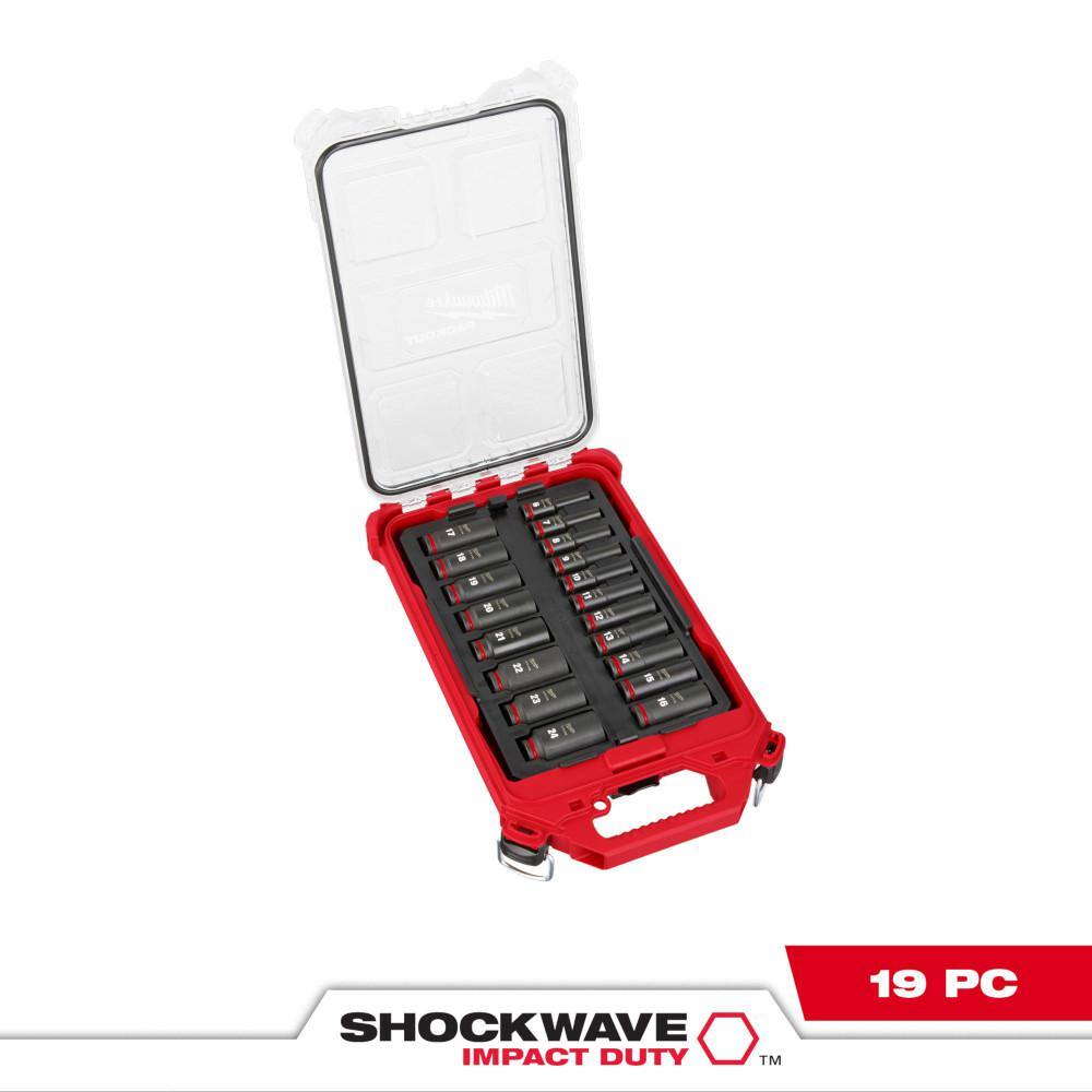 Milwaukee 49-66-6801 SHOCKWAVE Impact-Duty 3/8 in. Drive Metric Deep Well Impact PACKOUT Socket Set (19-Piece)