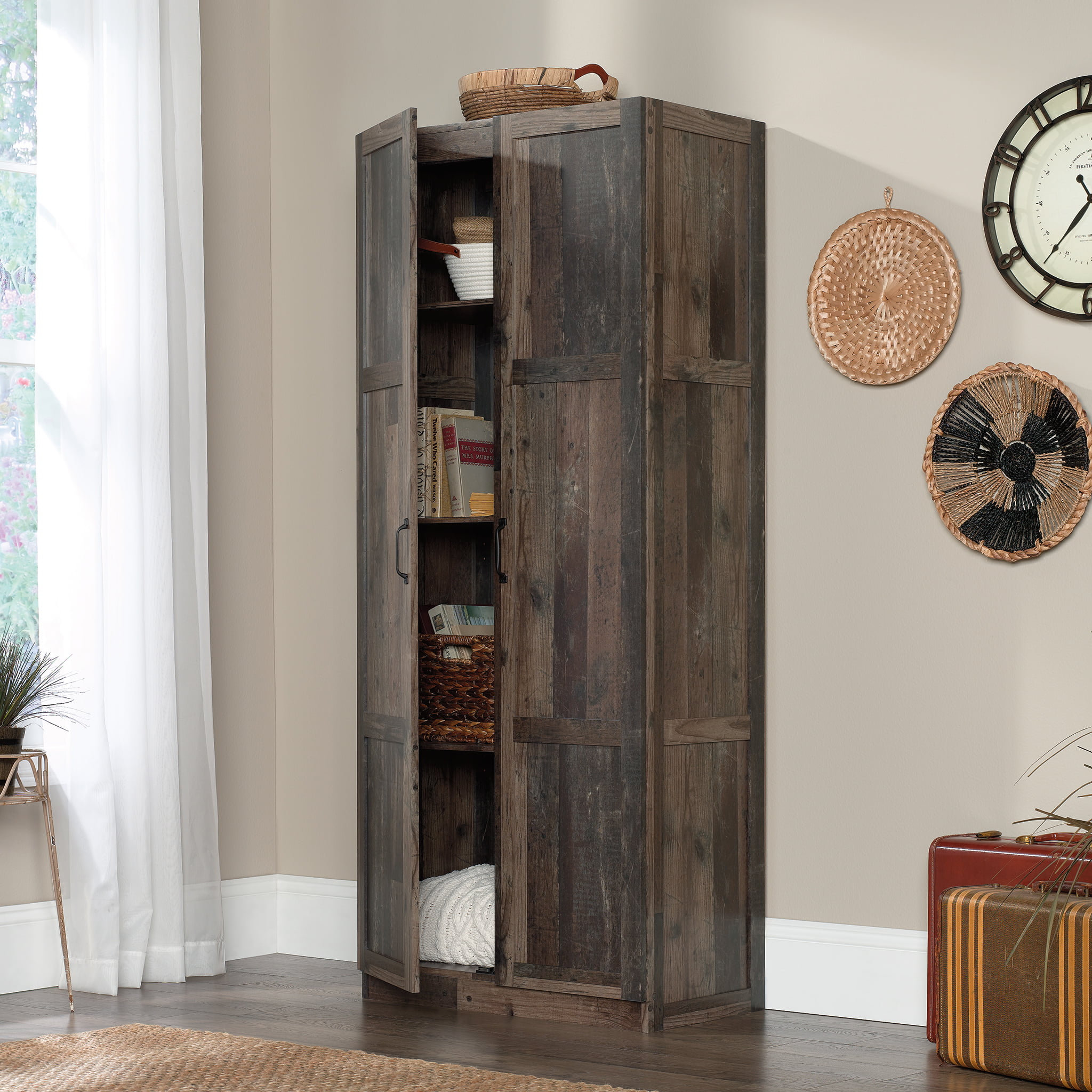 Sauder Select Two-Door Storage Cabinet. Reclaimed Pine Finish