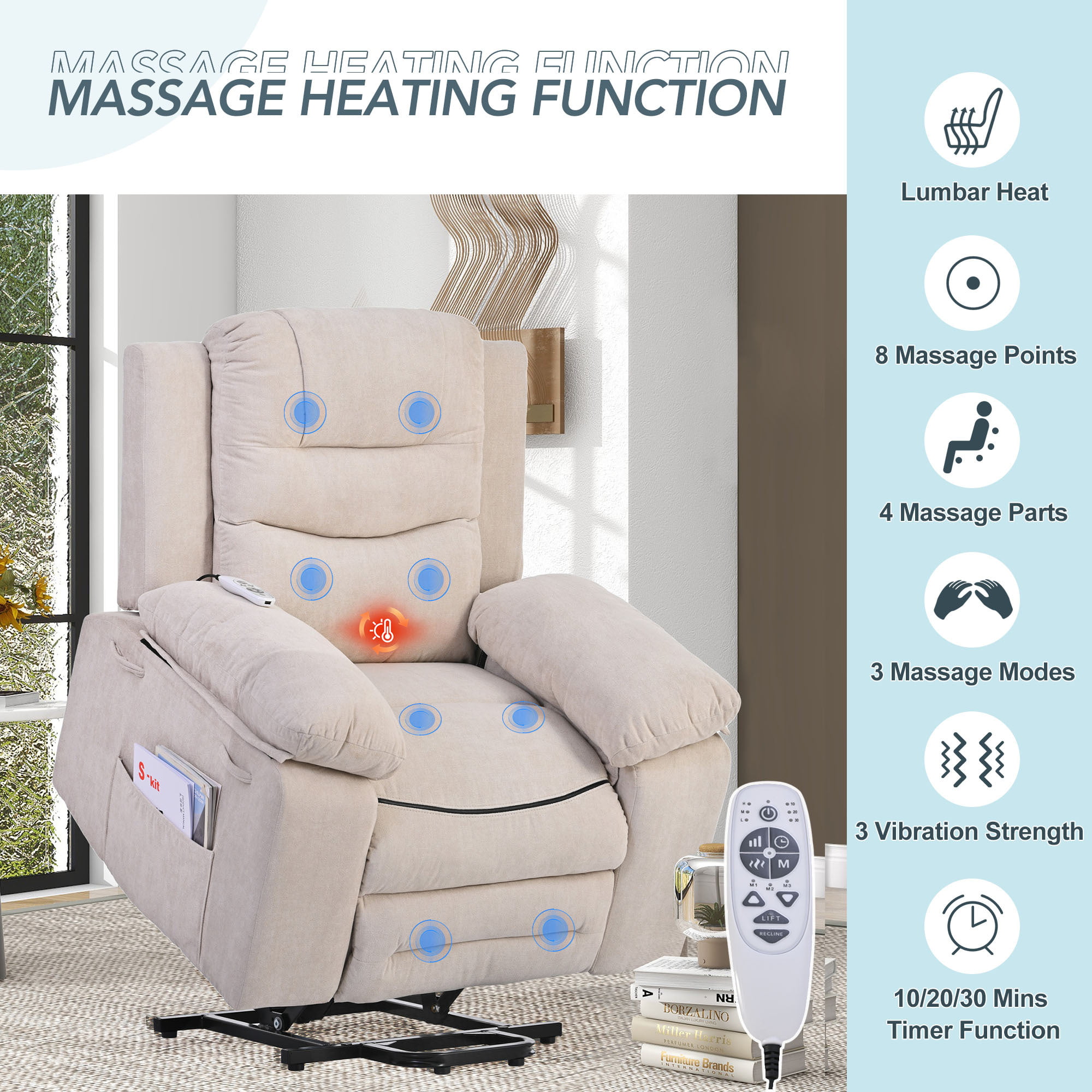 EUROCO 39.8″W Power Lift Recliner Chair Recliners for Elderly with Heat. Vibration and Massage Recliner Chair for Living room with Side Pocket. Infinite Position.Beige