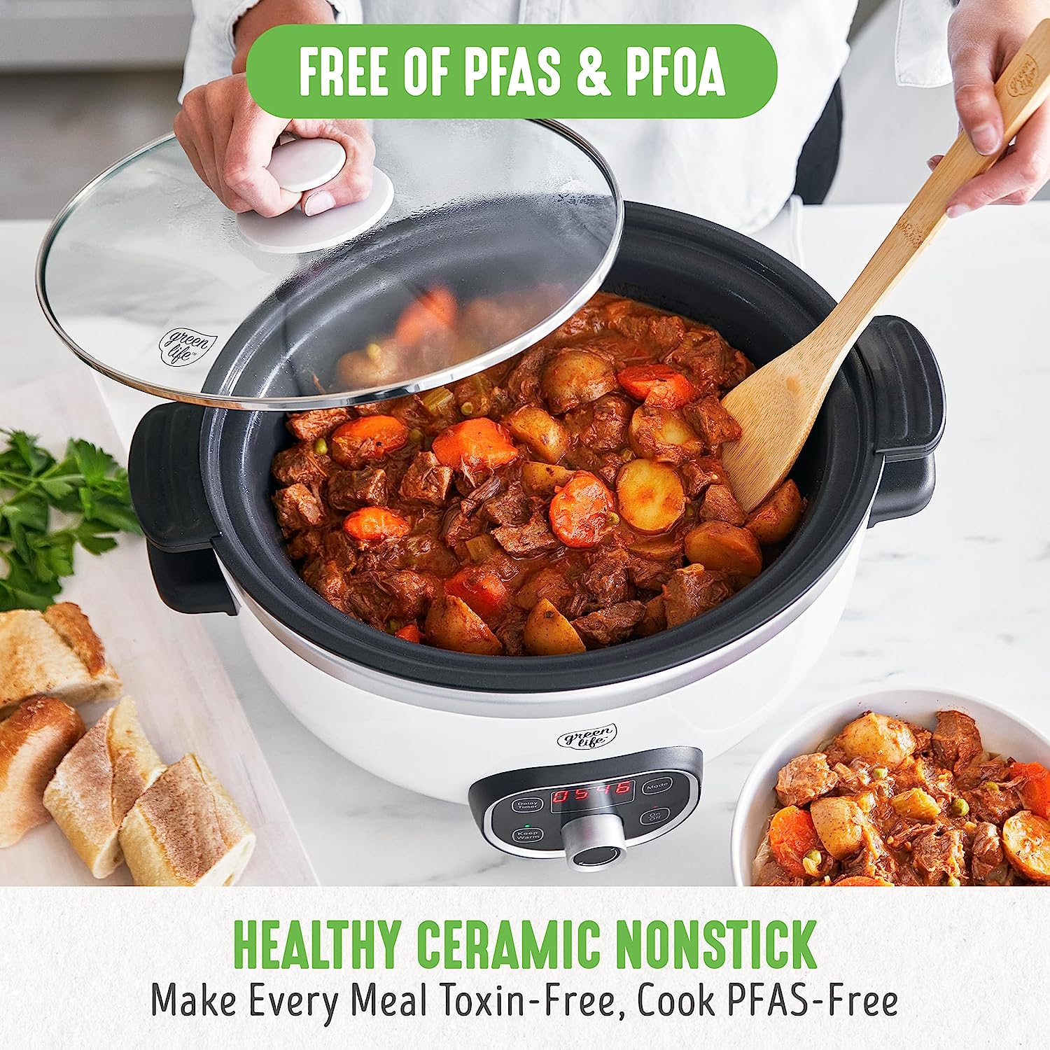 GreenLife Cook Duo Healthy Ceramic Nonstick Programmable 6 Quart Family-Sized Slow Cooker. PFAS-Free. Removable Lid and Pot. Digital Timer. Dishwasher Safe Parts. White