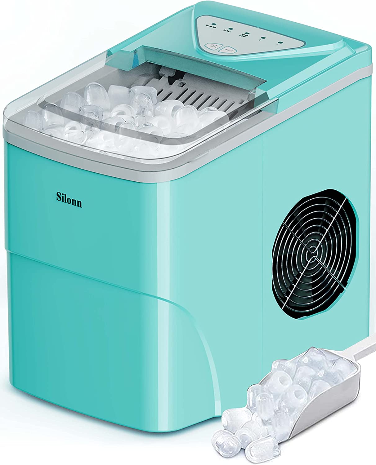 Silonn Ice Makers Countertop. 9 Cubes Ready in 6 Mins. 26lbs in 24Hrs. Self-Cleaning Ice Machine with Ice Scoop and Basket. 2 Sizes of Bullet Ice for Home Kitchen Office Bar Party (Green)