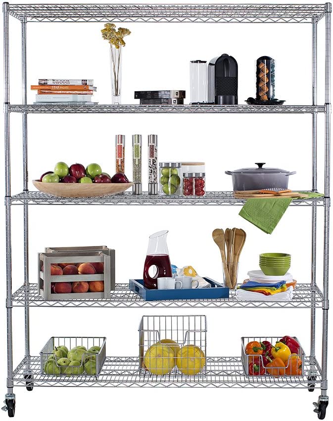TRINITY 5-Tier Heavy Duty Wire Shelving Rack. 60″ x 24″ x 72″ NSF. Includes Wheels. Chrome