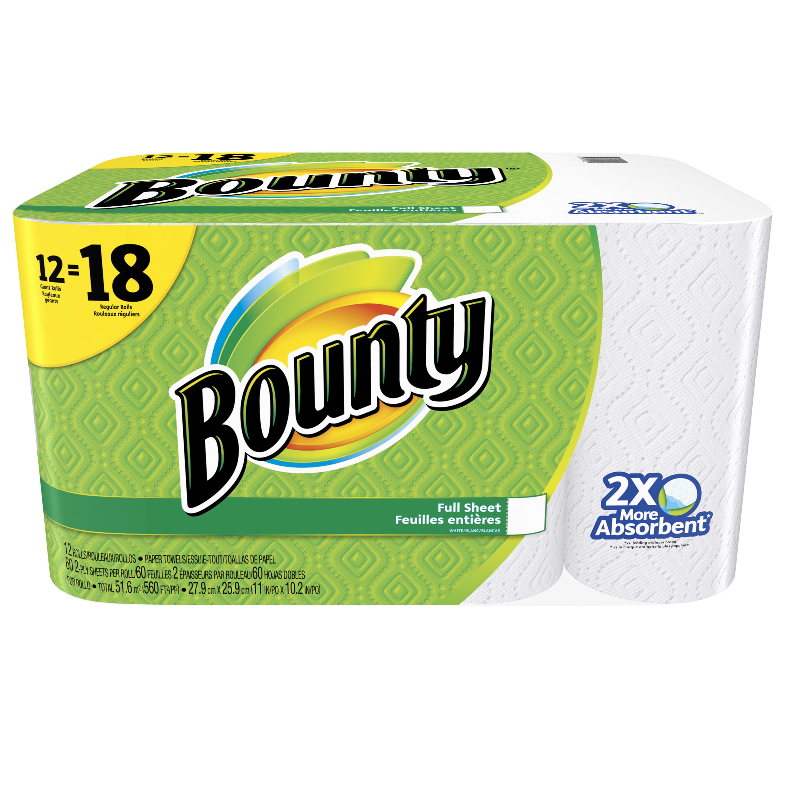 Bounty Paper Towels. White. 12 Giant Rolls = 18 Regular Rolls