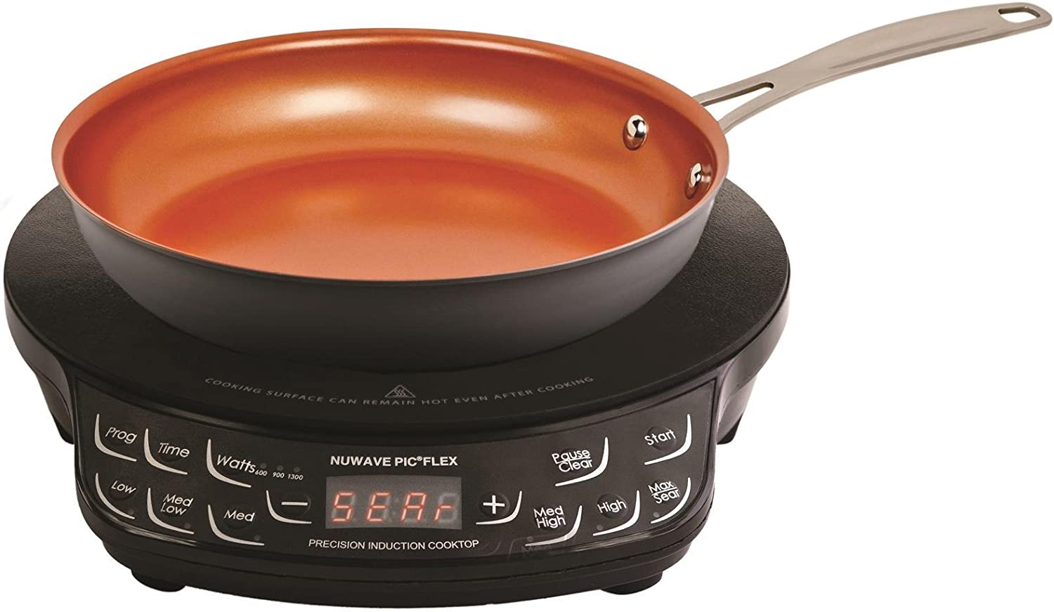 NUWAVE Flex Precision Induction Cooktop. Portable. Powerful with Large 6.5 Heating Coil. 45 Temperature Settings 100°F to 500°F. 3 Wattage Settings 600. 900. & 1300W. 9 Non-Stick Fry Pan included