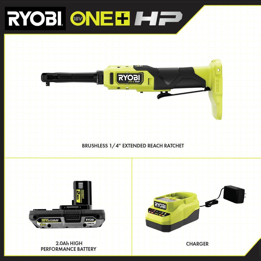 RYOBI PBLRC01K1 ONE+ 18V Brushless Cordless 1/4 in. Extended Reach Ratchet with (1) 2.0 Ah Battery and Charger
