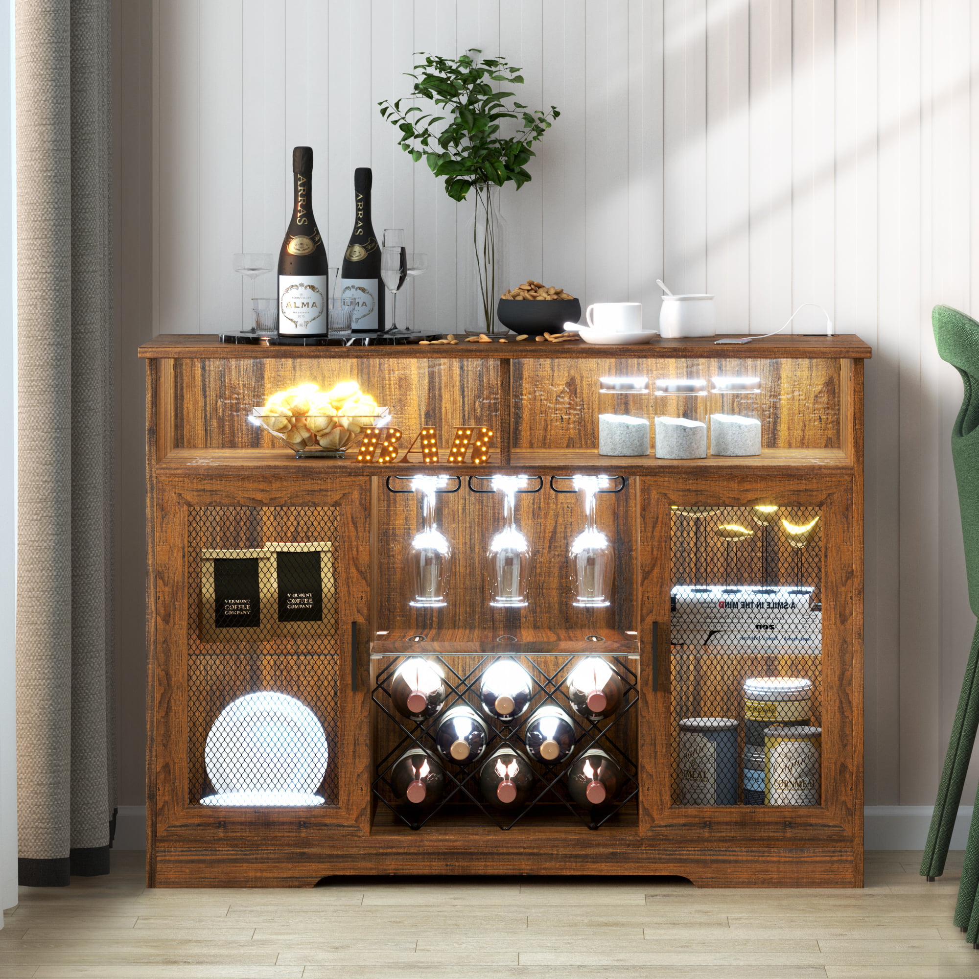 LVSOMT Bar Cabinet with Wine Rack and Glass Holder. LED Sensor Lights Farmhouse Coffee Bar Cabinet for Liquor and Glasses. Sideboard Buffet Cabinet with 2 Shelves 4 Adjustable storage Mesh Door(Brown)