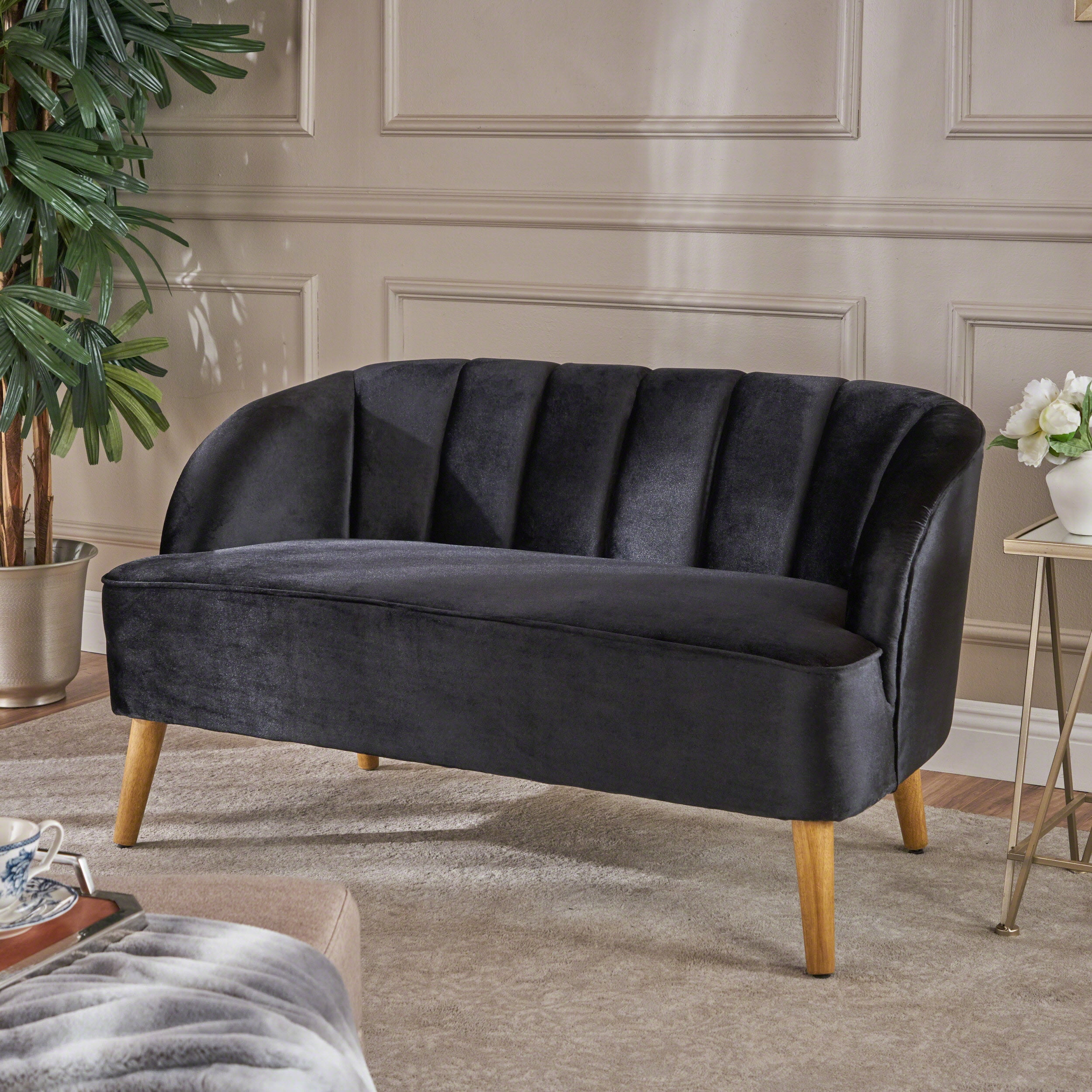 Noble House Modern Velvet Upholstered Loveseat. Black