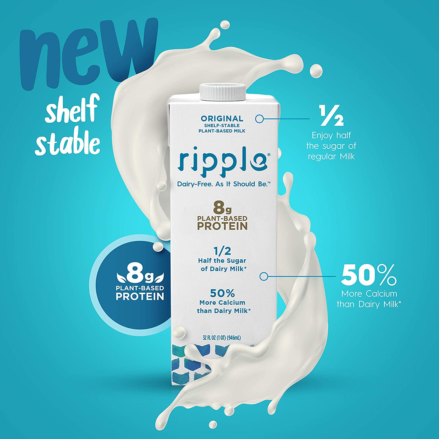 Ripple Non Dairy Milk. Original. Vegan Friendly. Plant Based Milk (Pack of 6. 32oz)